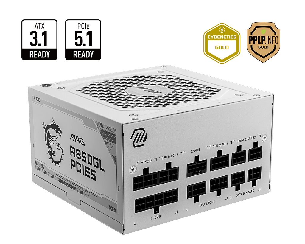 MSI MAG A850GL PCIE5 850W Power Supply, Full Modular, WHITE