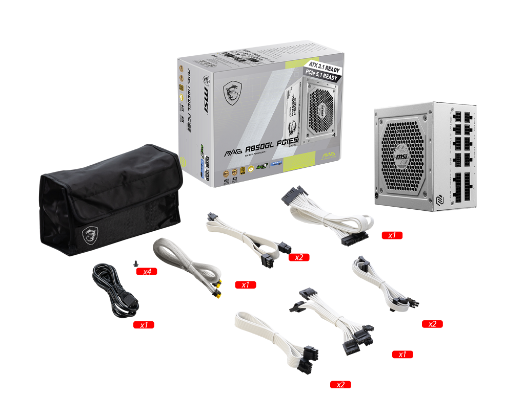MSI MAG A850GL PCIE5 850W Power Supply, Full Modular, WHITE