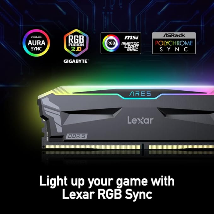 Lexar ARES RGB DDR5 32GB(2X16GB), 7200MHz, 1.40V Desktop Memory, BLACK